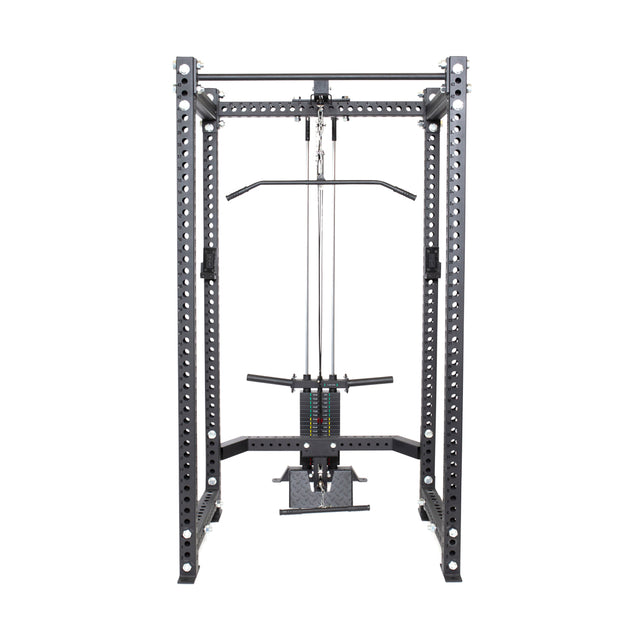 The Bells of Steel Lat Pulldown & Low Row Rack Attachment for Hydra & Manticore is a versatile home gym machine with a metal frame, pulleys, and attachments for weight training. It includes space for Olympic Weight Plates and has a central weight stack for various cable exercises.