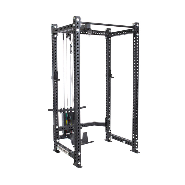 The Bells of Steel Lat Pulldown & Low Row Rack Attachment for Hydra & Manticore is a black power rack with adjustable cable pulleys and a low row attachment. Its sturdy frame, featuring multiple holes for lat pulldown and weight adjustments, is perfect for diverse strength training exercises.