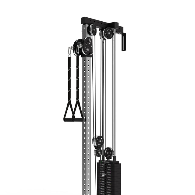 The Bells of Steel Cable Tower is perfect for your home gym, featuring a stack of weight plates, adjustable pulleys, and a single handle. This metallic unit with black accents offers multiple holes to customize pulley height, enhancing your cable machine exercises.