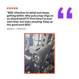 A customer review praises Bells of Steel for attention to detail in fitness gear, highlighting snap rings on the Fat Bar - Straight Handle Bar. Below is a close-up photo of a black Bells of Steel barbell on gym equipment.