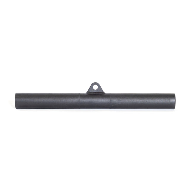 A sleek, black metal tube featuring a small circular eyelet on top closely resembles the Fat Bar - Straight Handle Bar by Bells of Steel. Its smooth surface makes it perfect for enhancing grip strength during cable training. Set horizontally against a plain white background, it highlights its elegant design.