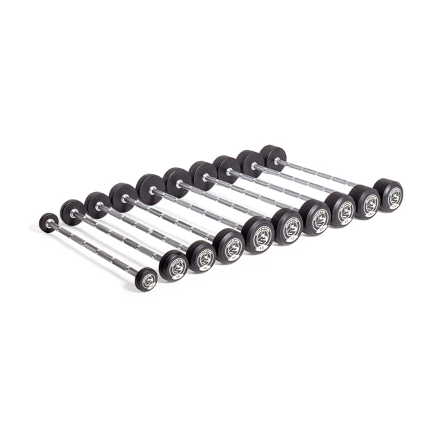 The Fixed Barbells with a straight handle by Bells of Steel are displayed in a row on a white background, featuring ten silver-barred dumbbells with black rubber-coated weights that increase in size, perfect for enhancing your home gym and optimizing barbell exercises.