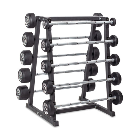 The Bells of Steel Fixed Barbells feature round, black weights and are stored on a multi-tiered rack, perfect for home gyms. Ideal for diverse barbell exercises, this setup accommodates various barbell sizes with its straight handle design.