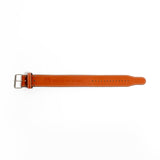 A brown leather watch strap with a buckle, crafted by Bells of Steel with the durability of their 10mm Leather Weightlifting Belt.