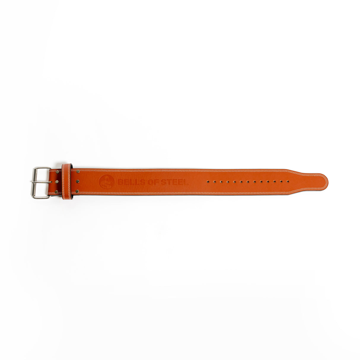 The "Bells of Steel" 10mm Leather Weightlifting Belt is a bright orange leather belt featuring a silver buckle and multiple adjustment holes. Its simple, functional design offers fitness enthusiasts ideal style and support.