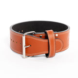 The 10mm Leather Weightlifting Belt by Bells of Steel is wide, brown leather with white stitching, a sleek silver buckle, a single prong, multiple adjustment holes, and a loop for securing the end. Its black interior starkly contrasts the exterior.