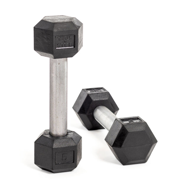 Two Bells of Steel black rubber hex dumbbells are on a white background. One is upright and the other, lying down, shows the engraved weight "5." With chrome-plated handles and textured grips, these commercial-grade pieces ensure enhanced control and comfort.