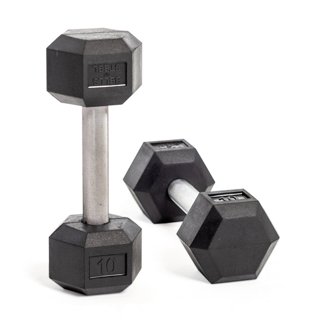 Two Bells of Steel Straight Handle Rubber Hex Dumbbells with chrome-plated handles are on a white background. One upright, the other lying down, displaying the "10" marking.