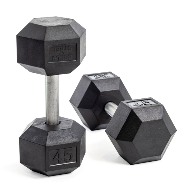 Two Bells of Steel Straight Handle Rubber Hex Dumbbells with chrome handles are on a white background. One stands upright showing "45," while the other lies behind it.