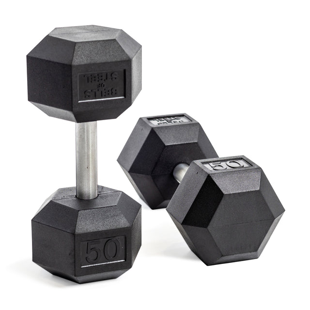 Two Bells of Steel Straight Handle Rubber Hex Dumbbells with chrome-plated handles, each labeled "50," are displayed on a white background, with one upright and the other tilted.