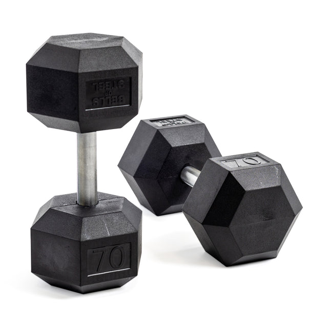 Two Bells of Steel Straight Handle Rubber Hex Dumbbells, each labeled 70, have sleek chrome-plated grips and rest elegantly on a white surface.