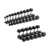 Two Bells of Steel Straight Handle Rubber Hex Dumbbell Sets are displayed on a white background. Each set features multiple pairs with chrome-plated handles and black hexagonal weights, organized in ascending order of weight.