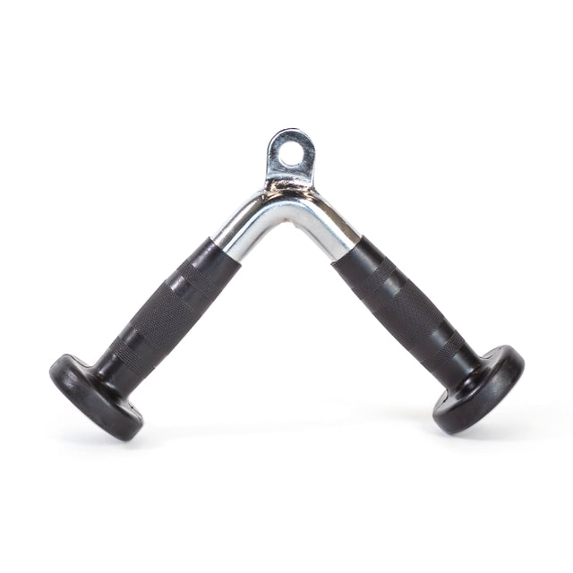 The Bells of Steel Tricep Pressdown With Ergo Handgrips is a V-shaped metal attachment for cable machines, featuring ergonomic grips and rounded end caps, ideal for tricep pressdowns.