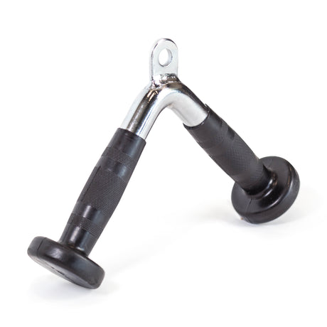 A close-up of the Bells of Steel Tricep Pressdown With Ergo Handgrips, featuring a V-shaped design and metal loop for cable machine attachment—ideal for tricep pressdowns and strength training.