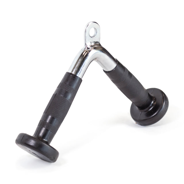A close-up of the Bells of Steel Tricep Pressdown With Ergo Handgrips, featuring a V-shaped design and metal loop for cable machine attachment—ideal for tricep pressdowns and strength training.