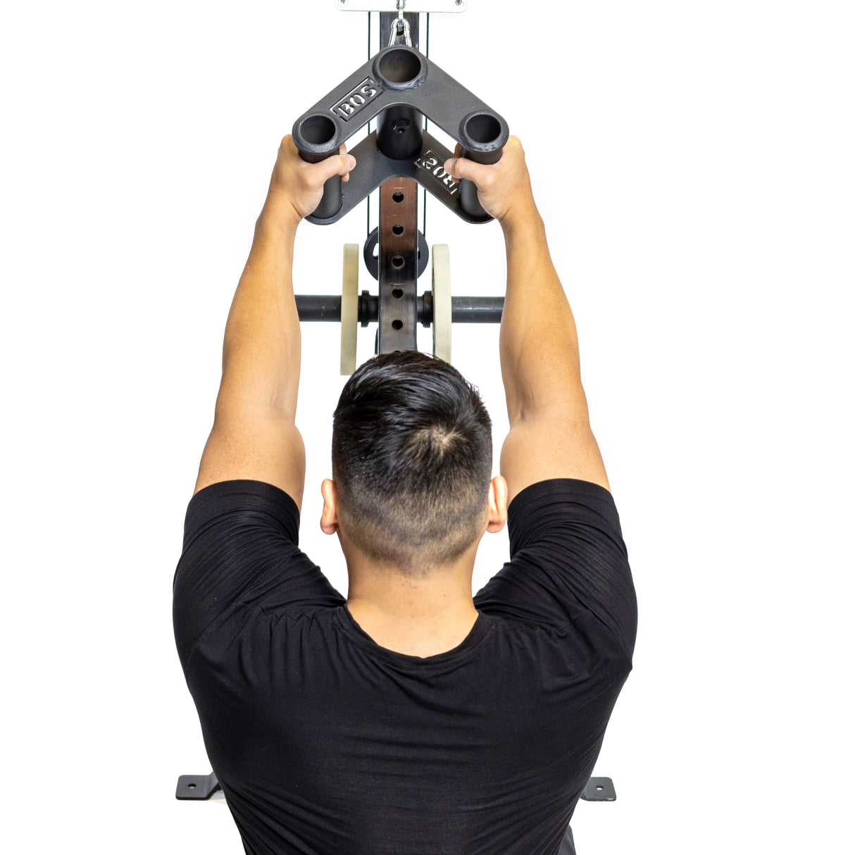 Athlete doing lat pull downs using Fat Bar - T-Bar Row Cable Attachment 