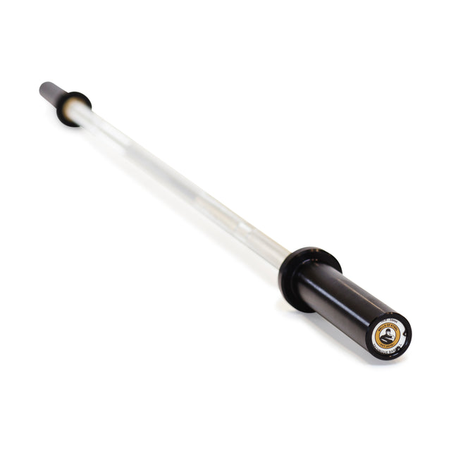 The Bells of Steel Aluminum Technique Barbell features a sleek, shiny design with black grips on both ends. Positioned diagonally against a white background, it's perfect for practicing Olympic bar techniques and mastering precise barbell lifts.