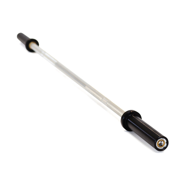 The Bells of Steel Aluminum Technique Barbell lies horizontally on a white background, showcasing its shiny chrome finish with black sleeves. Designed to enhance lifting skills, it features knurled grips along the shaft, perfect for weightlifting enthusiasts.