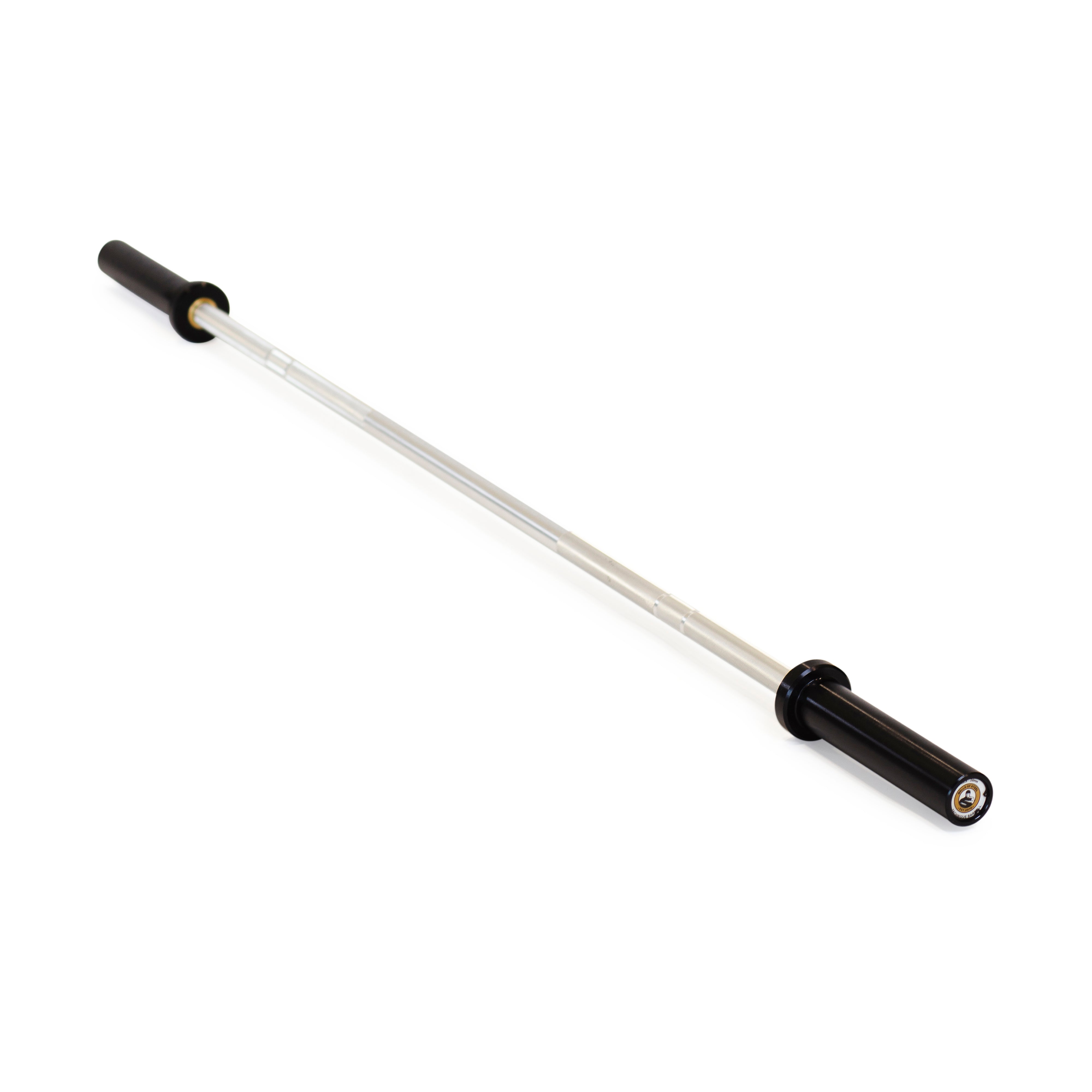 An Aluminum Technique Barbell by Bells of Steel, featuring silver with black grip ends and designed for weightlifting, rests diagonally on a plain white background. This slender, long barbell is ideal for gym and fitness use, perfectly complementing power racks in any training setup.