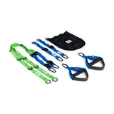 The Bells of Steel Human Trainer Bodyweight Suspension System—featuring green and blue adjustable straps, blue handles, black foot cradles, and a black mesh storage bag—is displayed on a white background as a versatile dual-anchor solution for bodyweight training routines.