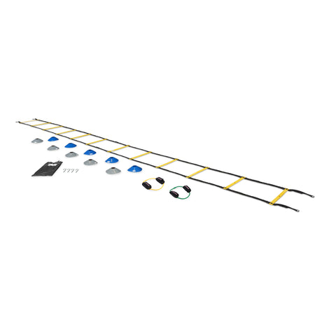 Introducing the Bells of Steel Agility Ladder and Leg Cord Bundle: a comprehensive agility training kit that includes an agility ladder, cones, leg resistance bands for speed-focused training, ground stakes, and a black carrying bag—all neatly displayed on a white background.