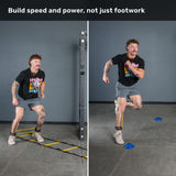Two images show a man training indoors with the Bells of Steel Agility Ladder and Leg Cord Bundle: on the left, he steps through the agility ladder; on the right, he sprints past blue cones while wearing leg resistance bands. Text above reads, “Build speed and power, not just footwork.”.