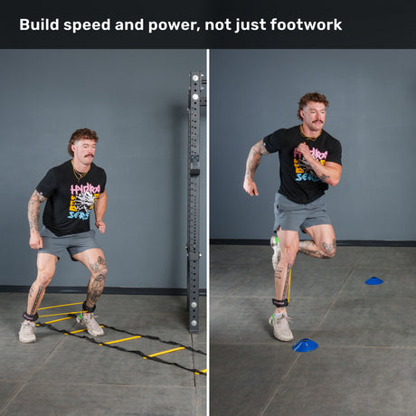 Two images show a man training indoors with the Bells of Steel Agility Ladder and Leg Cord Bundle: on the left, he steps through the agility ladder; on the right, he sprints past blue cones while wearing leg resistance bands. Text above reads, “Build speed and power, not just footwork.”.
