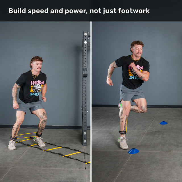 Two images show a man training indoors with the Bells of Steel Agility Ladder and Leg Cord Bundle: on the left, he steps through the agility ladder; on the right, he sprints past blue cones while wearing leg resistance bands. Text above reads, “Build speed and power, not just footwork.”.