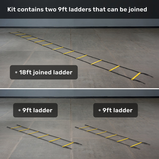Two images: The top image features two 9ft Bells of Steel agility ladders from the Agility Ladder and Leg Cord Bundle joined together to create an 18ft ladder, while the bottom image shows both 9ft ladders laid out separately on a concrete floor. Text outlines the contents of the Bells of Steel Agility Ladder and Leg Cord Bundle—including both ladder lengths—highlighting that it’s ideal for resisted speed training or pairing with included leg resistance bands for a full-body workout.