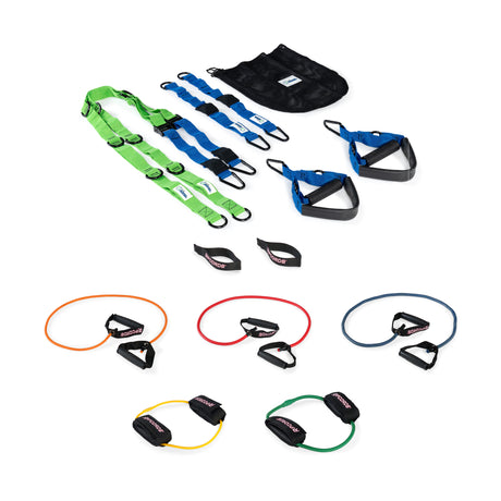 The Human Trainer Bodyweight Suspension System by Bells of Steel features resistance bands with handles in multiple vibrant colors, two strap harnesses in blue and green, black straps, and a sleek black carrying bag—all arranged on a white background—offering a versatile, portable gym and bodyweight training solution you can take anywhere.