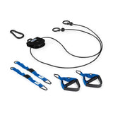 The Bells of Steel Rotational Pulley is a versatile kit for resistance training, featuring a cable pulley, two blue foot straps, two blue handles, and a black carabiner—all neatly arranged on a white surface—perfect for bodyweight workouts and rotational training routines.