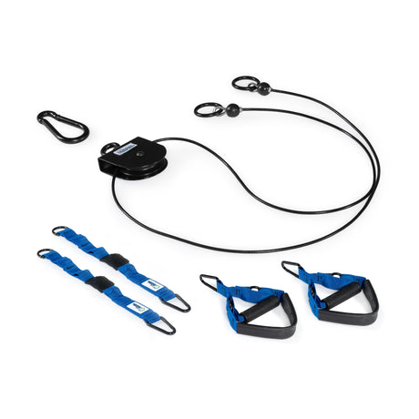 The Bells of Steel Rotational Pulley is a versatile kit for resistance training, featuring a cable pulley, two blue foot straps, two blue handles, and a black carabiner—all neatly arranged on a white surface—perfect for bodyweight workouts and rotational training routines.