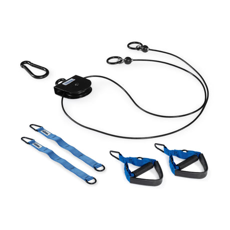 A black Bells of Steel Rotational Pulley kit consisting of a cable, two blue extension straps, two hand grips, and a carabiner.