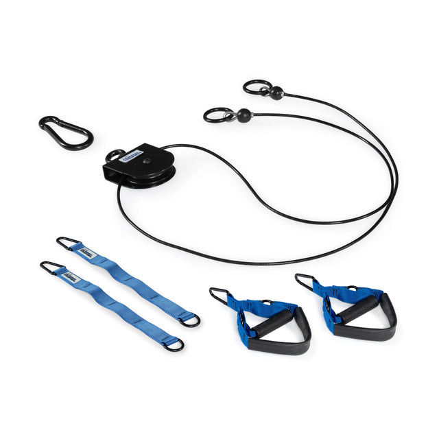 A black Bells of Steel Rotational Pulley kit consisting of a cable, two blue extension straps, two hand grips, and a carabiner.