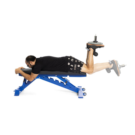 A person is using a Tibialis Trainer Bar by Bells of Steel Canada, lying face down on a blue exercise bench. They are performing a leg curl with one leg while the other, protected at the knee and weighted, assists in the exercise. The individual is dressed in a patterned black shirt and shorts.