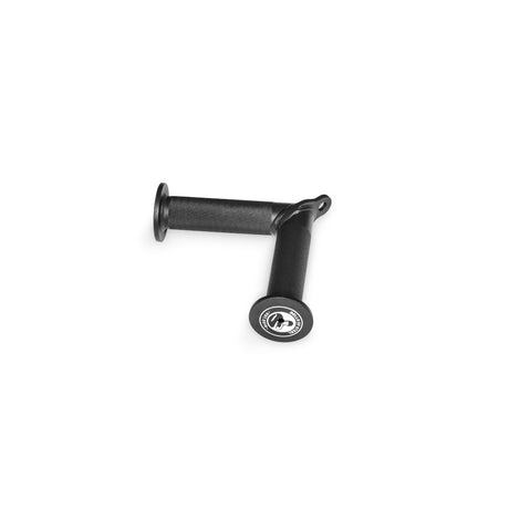 The Bells of Steel Fat Bar - Tricep Pressdown features two black grips with textured surfaces for enhanced hold, each displaying a circular logo with a stylized bear on a white background, one flat and one angled upward.
