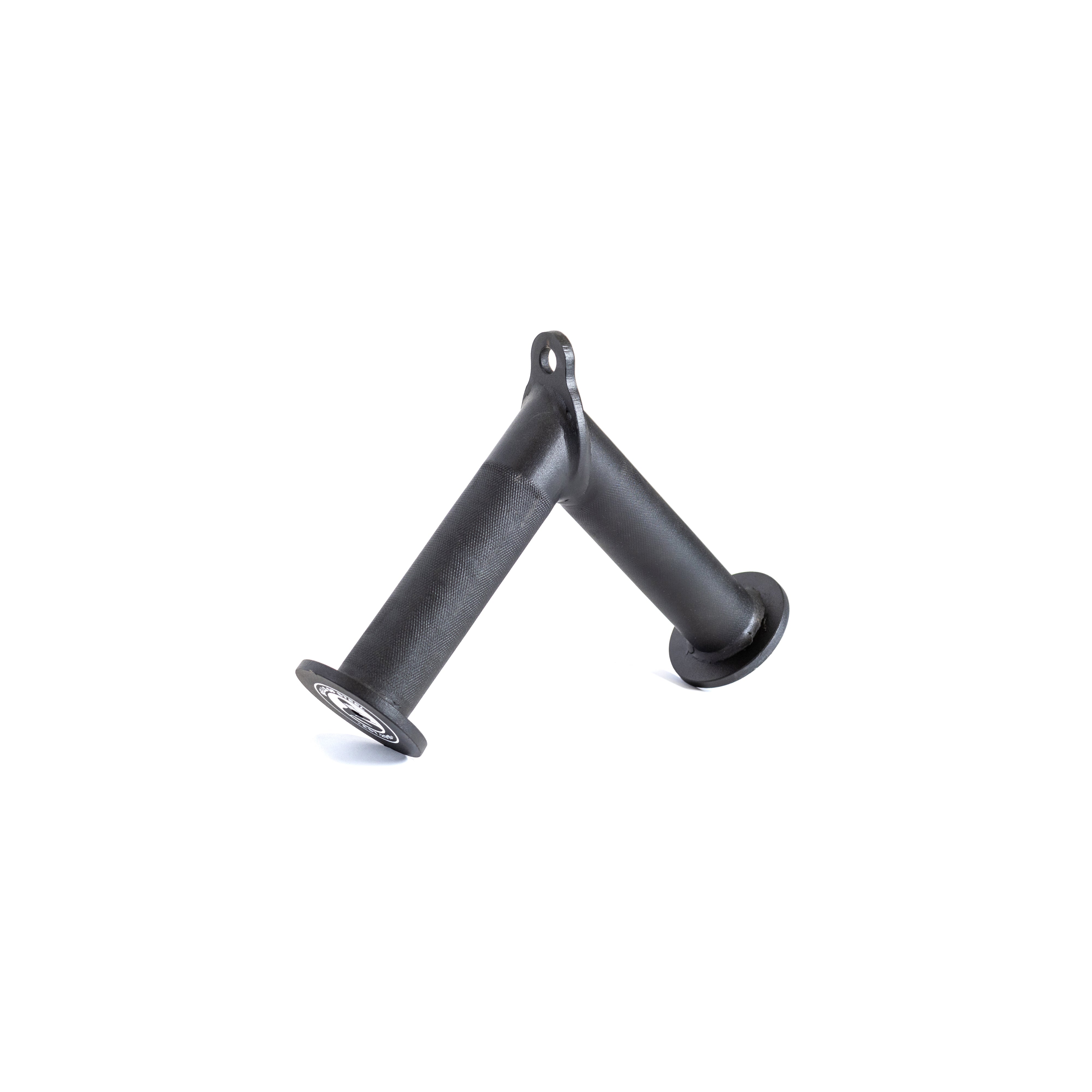 The Bells of Steel Fat Bar - Tricep Pressdown is a black cylindrical tool equipped with two textured handles for excellent grip strength. It features an angled design with small circular bases at each end, making it perfect for tricep pushdowns. The handle includes a mounting hole at the top for easy attachment, set against a plain white background.