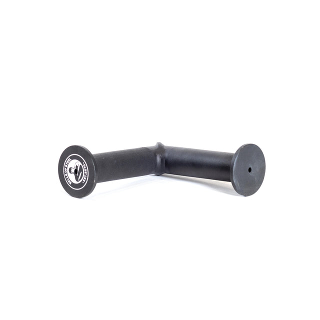 A black, angled Fat Bar - Tricep Pressdown tool from Bells of Steel, made of metal with two flat, round ends and a logo, is designed for tricep pushdowns and enhances grip strength. It is captured against a plain white background.