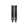 Two black rectangular Mighty Wrist Wraps by Bells of Steel, featuring Velcro patches and "SOB" labels, are laid side by side on a white background—essential for powerlifting competition use.