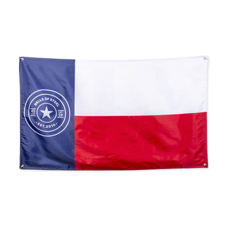 The Bells of Steel Flags feature a vertical blue stripe with a circular "Bells of Steel Est. 2010" logo and bold red and white stripes, adding standout gym decor to your home setup.