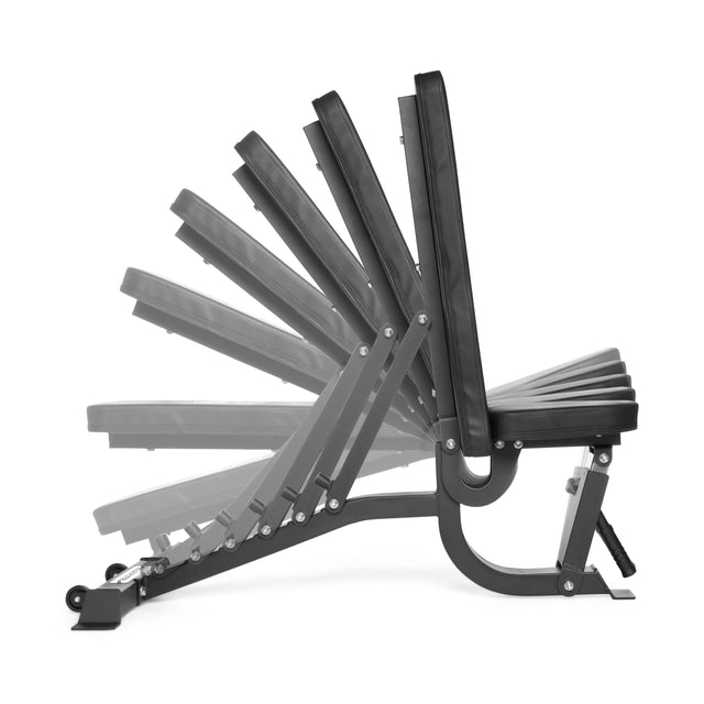 The Bells of Steel Adjustable Utility Bench is displayed in five incline positions on a white background, showcasing its versatile backrest adjustments and 575lb max capacity.