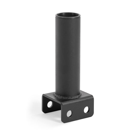 Introducing the Hydra Vertical Bar Holder for Flat Foot by Bells of Steel: a sleek black metal bracket specifically designed for barbell holder setups. It features a cylindrical tube on top and a flat base with two circular mounting holes, complete with a smooth, matte surface that seamlessly integrates into your home gym organization.