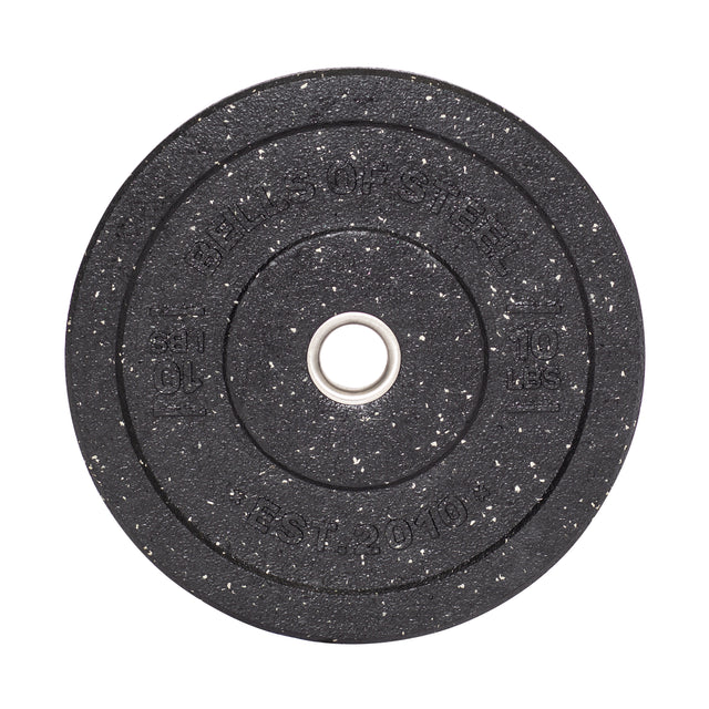 A black Crumb Bumper Plate by Bells of Steel, featuring a speckled pattern, a central stainless steel insert ring, and engraved text including "Bells of Steel" and "10 lbs.