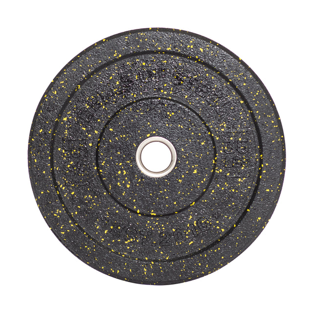 The Bells of Steel Crumb Bumper Plates are black with yellow speckles and feature a durable stainless steel metallic insert ring.