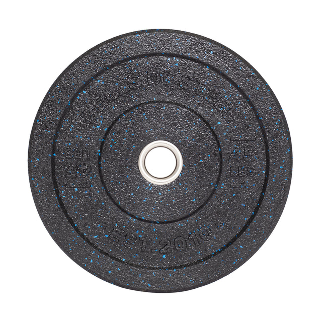 The Bells of Steel Crumb Bumper Plate, in black with blue speckles and a stainless steel insert ring, is textured with weight details. Photographed from above, it highlights its robust design for barbells.