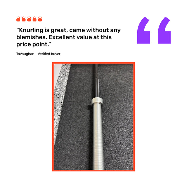 A Bells of Steel Multi-Purpose Olympic Barbell – The Utility Bar with textured knurling rests on a black gym mat, while an orange-highlighted customer review praises its quality and value.