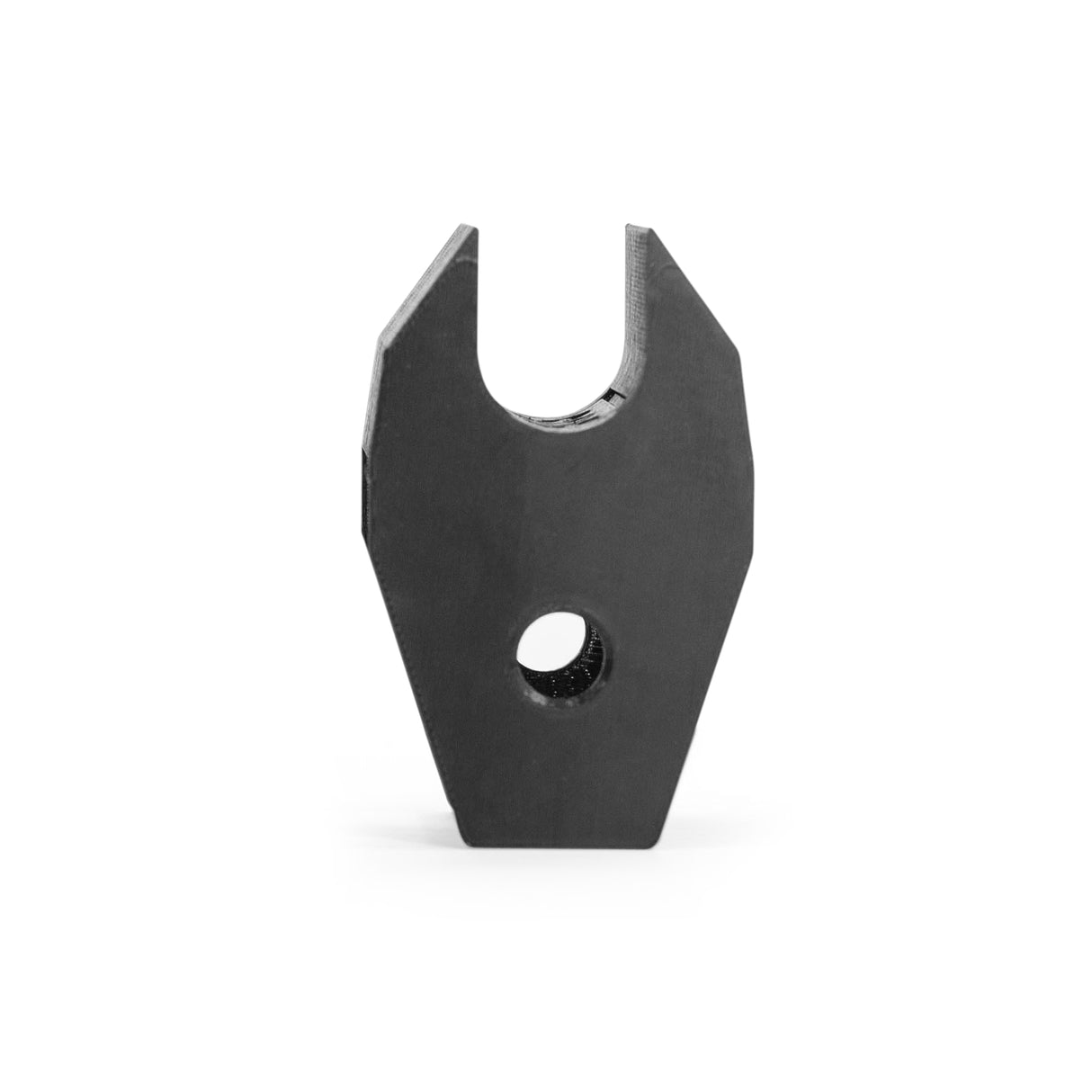 The Bells of Steel Above Rack Barbell Holder is a black, angular metal accessory with a U-shaped notch and central hole—perfect for securely storing your barbell on your power rack in any home gym.