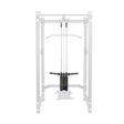 A Bells of Steel Hydra / Manticore Lat Pulldown Plate Loaded to Selectorized Upgrade Kit with upgraded handles and weight stack is installed inside the power rack, featuring a faded white frame that contrasts with the black stack and pulleys.