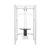 A Bells of Steel Hydra / Manticore Lat Pulldown Plate Loaded to Selectorized Upgrade Kit with upgraded handles and weight stack is installed inside the power rack, featuring a faded white frame that contrasts with the black stack and pulleys.