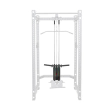 A Bells of Steel Hydra / Manticore Lat Pulldown Plate Loaded to Selectorized Upgrade Kit with upgraded handles and weight stack is installed inside the power rack, featuring a faded white frame that contrasts with the black stack and pulleys.